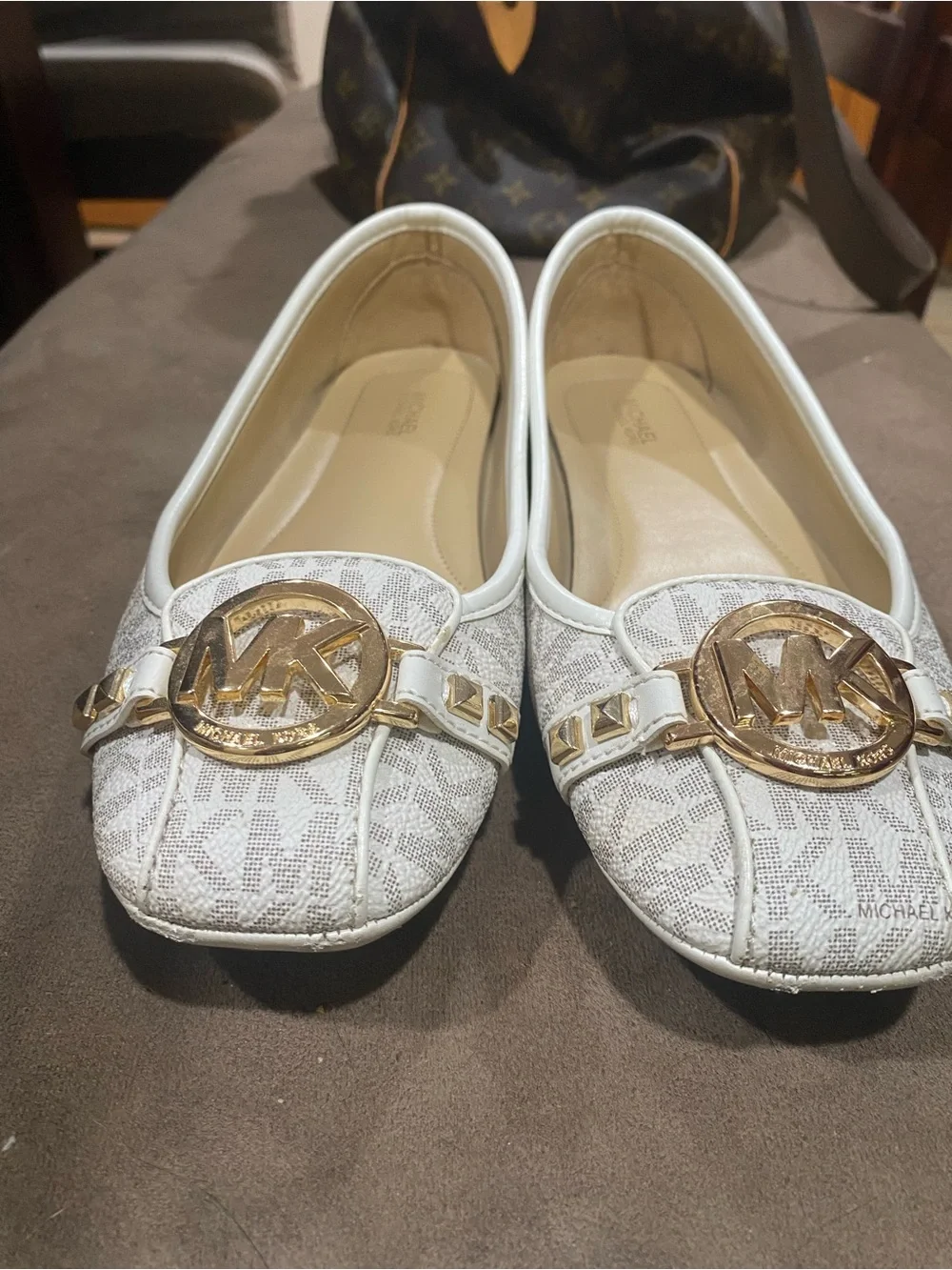 Michael Kors White MK Logo Leather Trim Ballet Flats